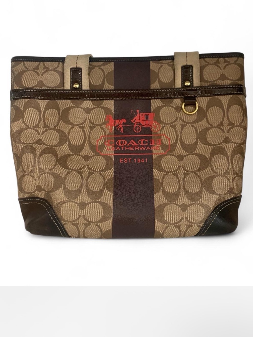 COACH HERITAGE SIGNATURE STRIPE CANVAS LEATHER TOTE BAG